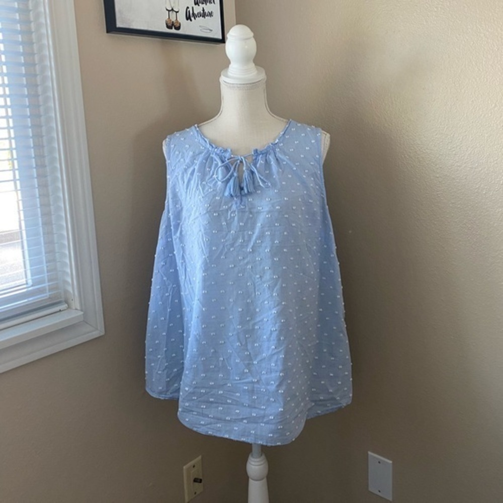 Caffè Marrakech baby blue with white Swiss dot sleeveless blouse, Sz. 1X